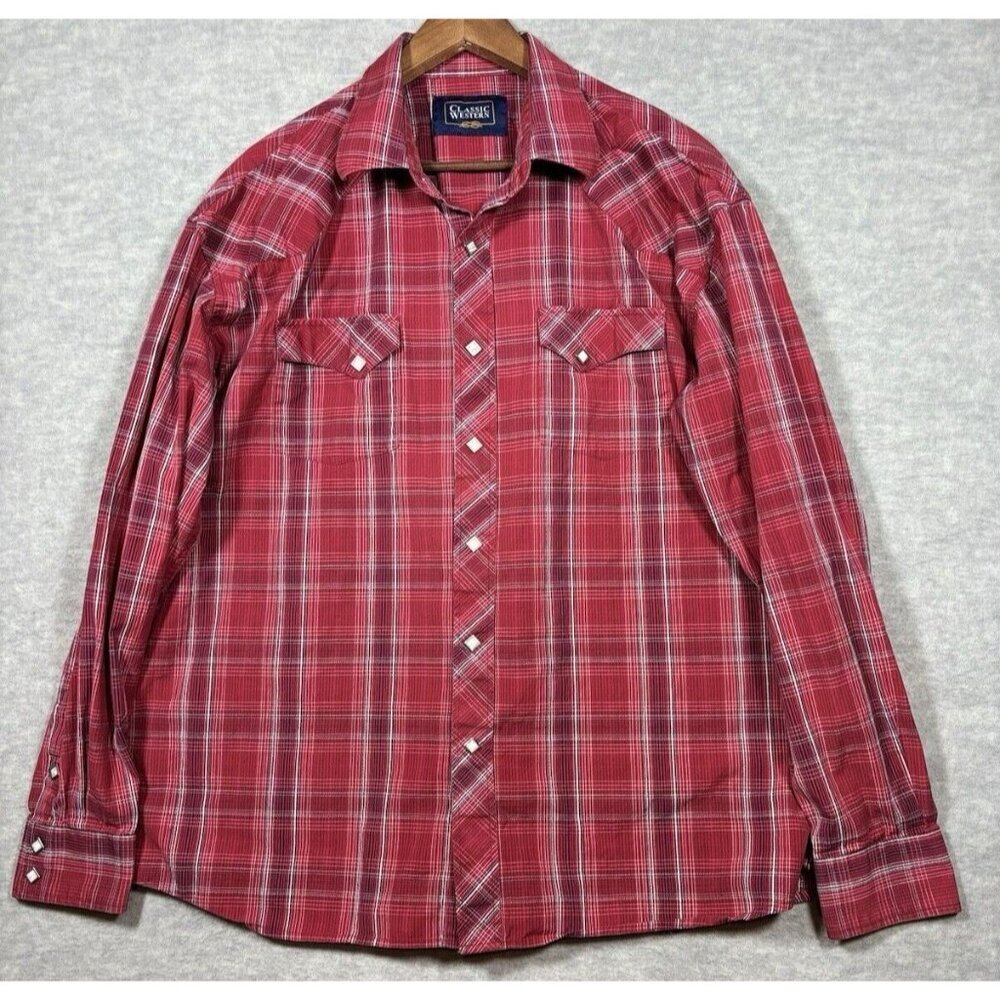Classic Western Mens Red Plaid Shirt XXL‎ Pearl Snap Unique Square Buttons